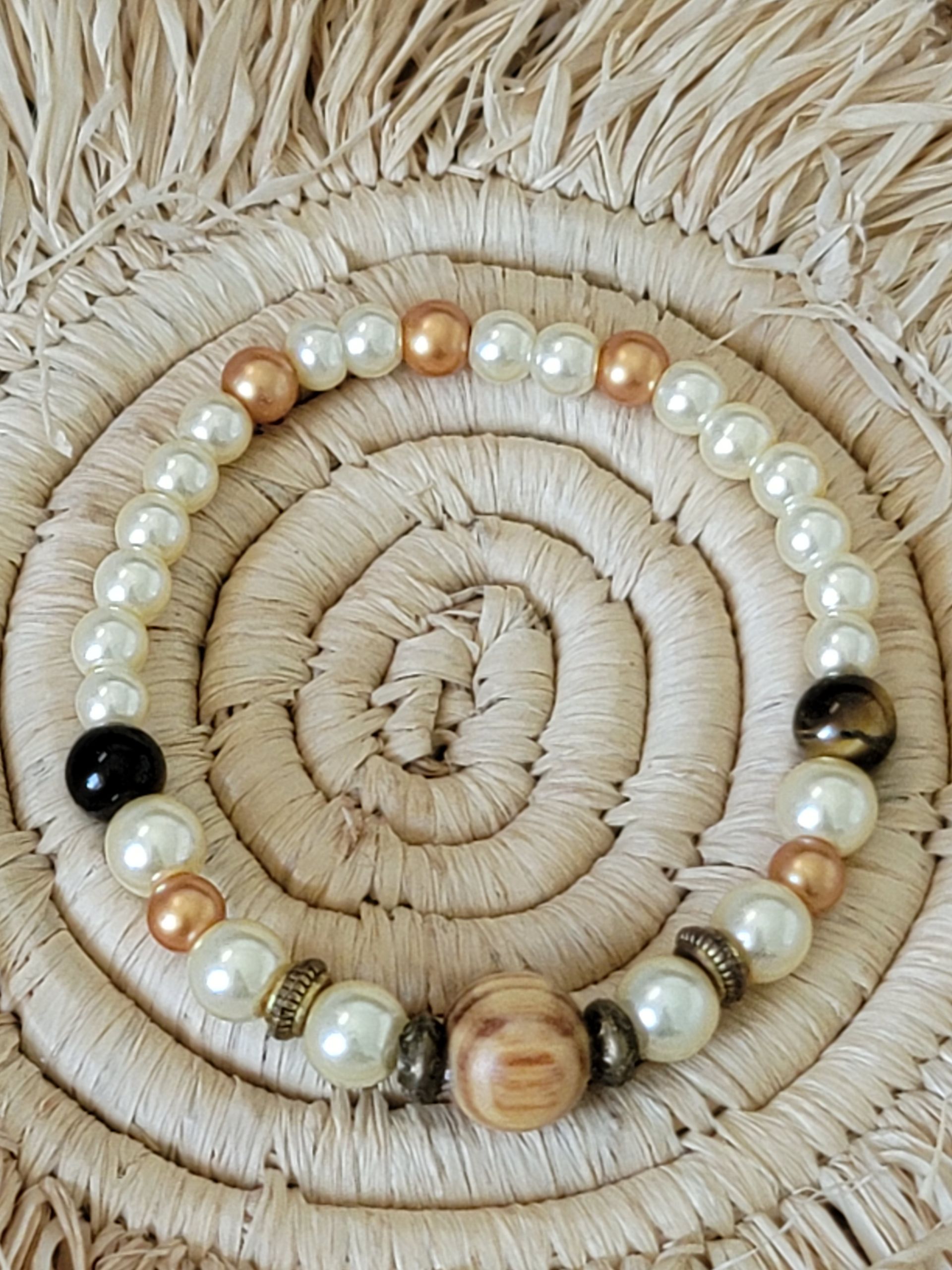 Simulated Pearl and Bamboo Wood Bracelet