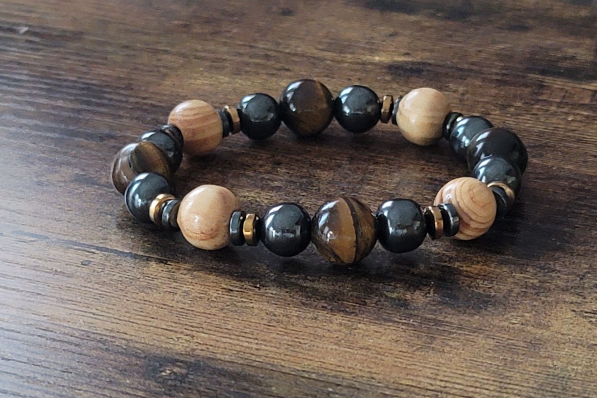 Hematite, Wood and Tiger Eye Men's Bracelet by Tastas