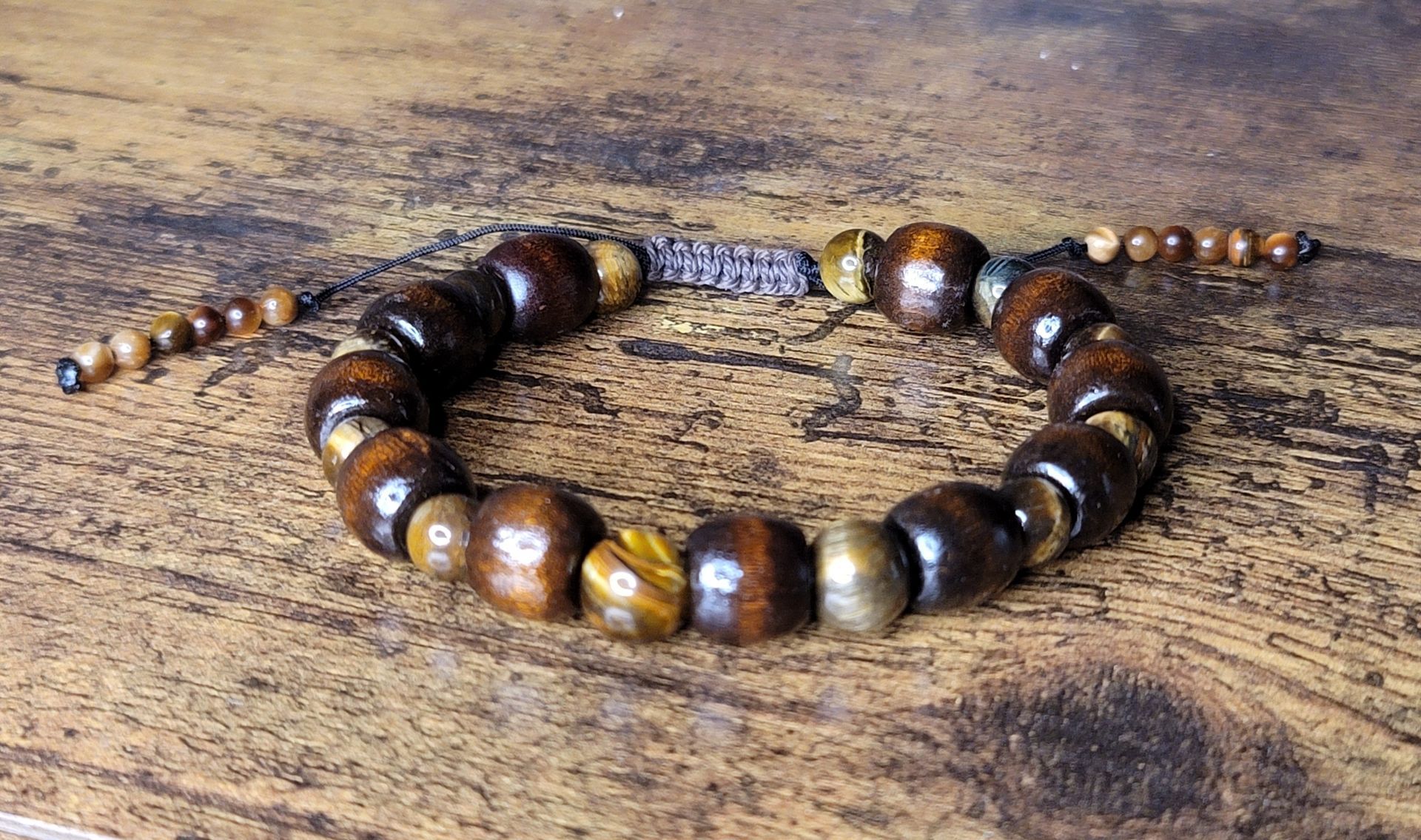 Men’s Wood & Tiger Eye Adjustable Bracelet – Strength, Style & Energy