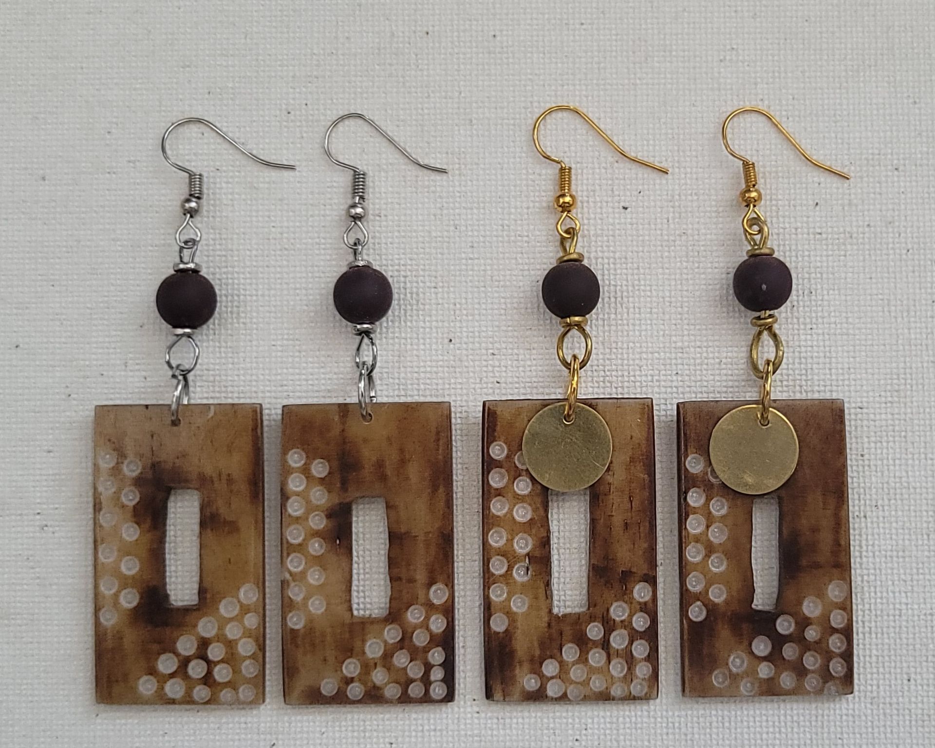 Ankole Horn Domino Earrings with Sterling Silver or Brass Accents – Handmade Statement Jewelry