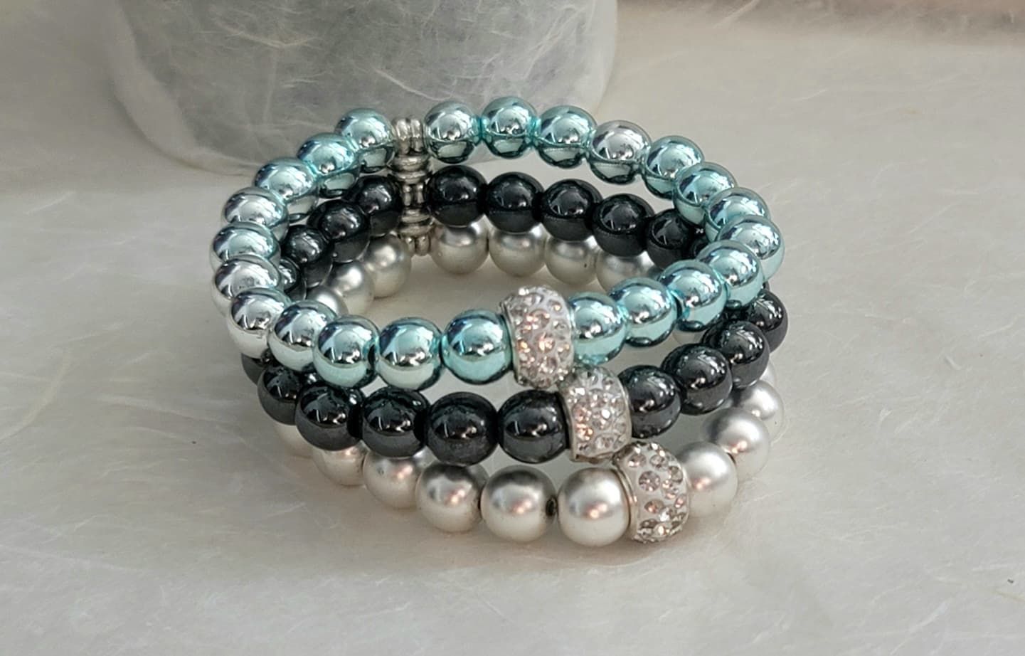 3-Tier Hematite Beaded Bracelet – Multi-Tone Statement Jewelry