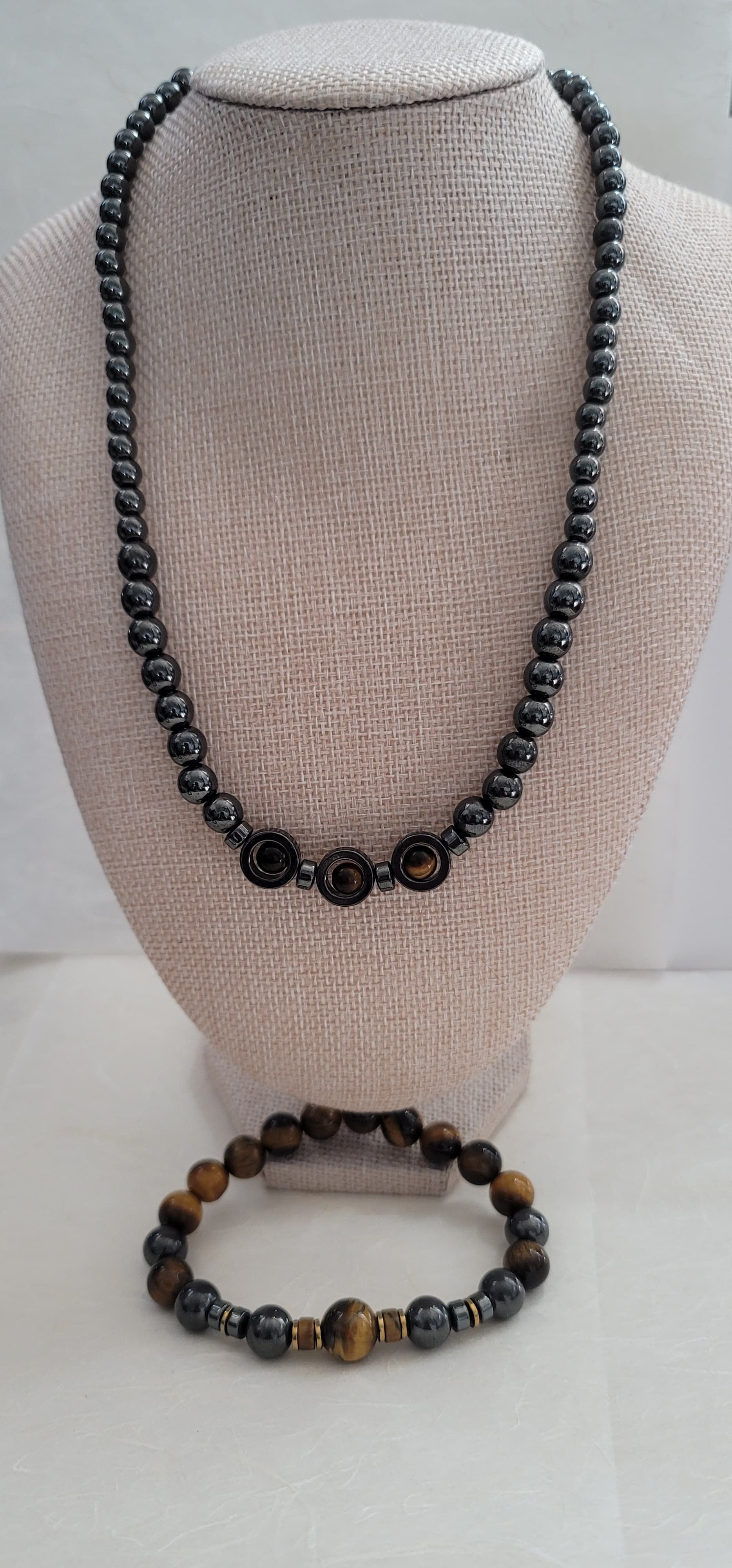 Hematite Stone 10 inch Necklace with 3 Tiger Eye Accent Stones