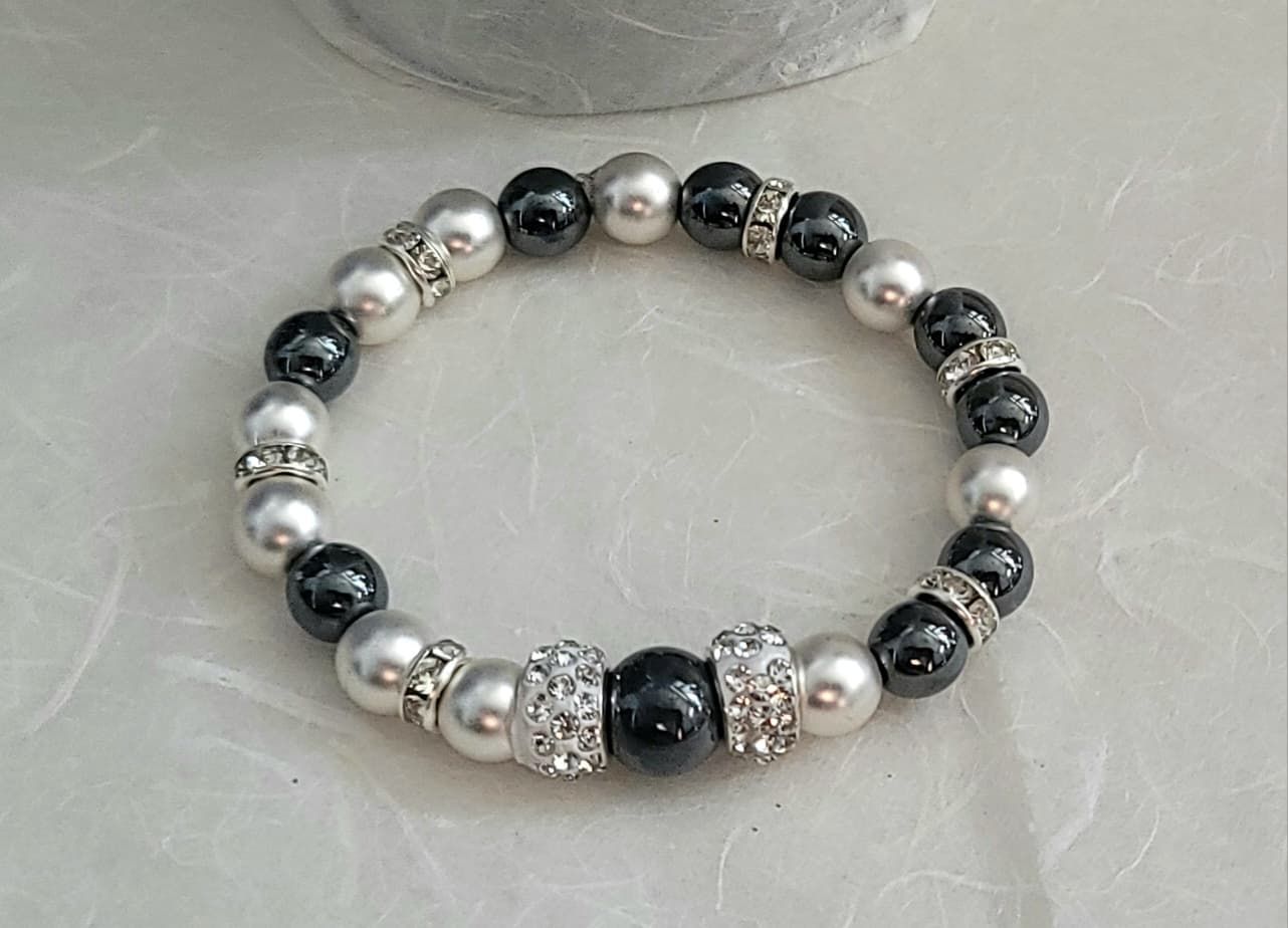 Hematite & Silver-Tone Cubic Zirconia Bracelet – Elegant Statement Jewelry by Tas Tas