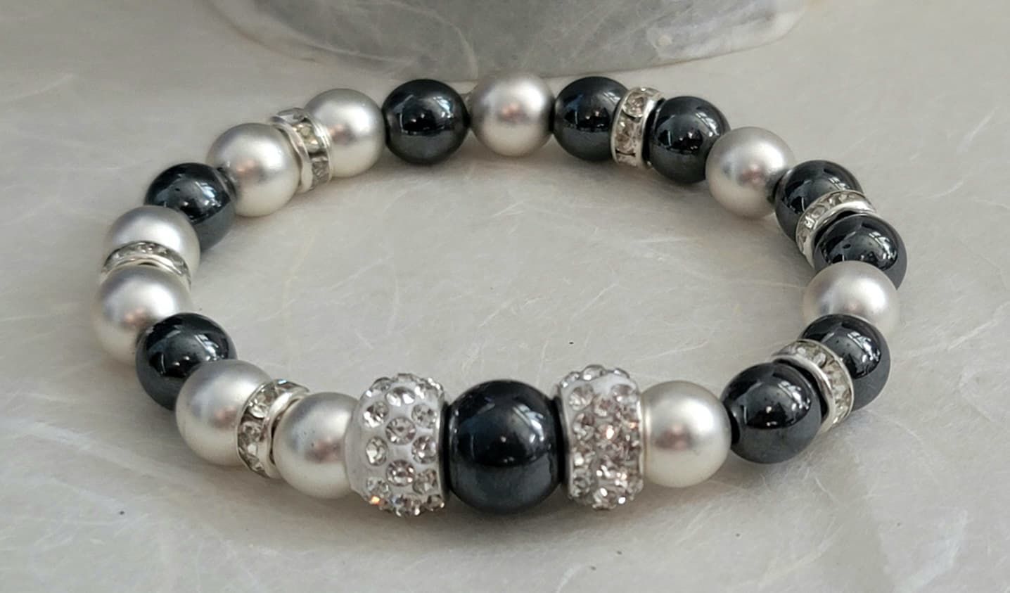 Hematite & Silver-Tone Cubic Zirconia Bracelet – Elegant Statement Jewelry by Tas Tas