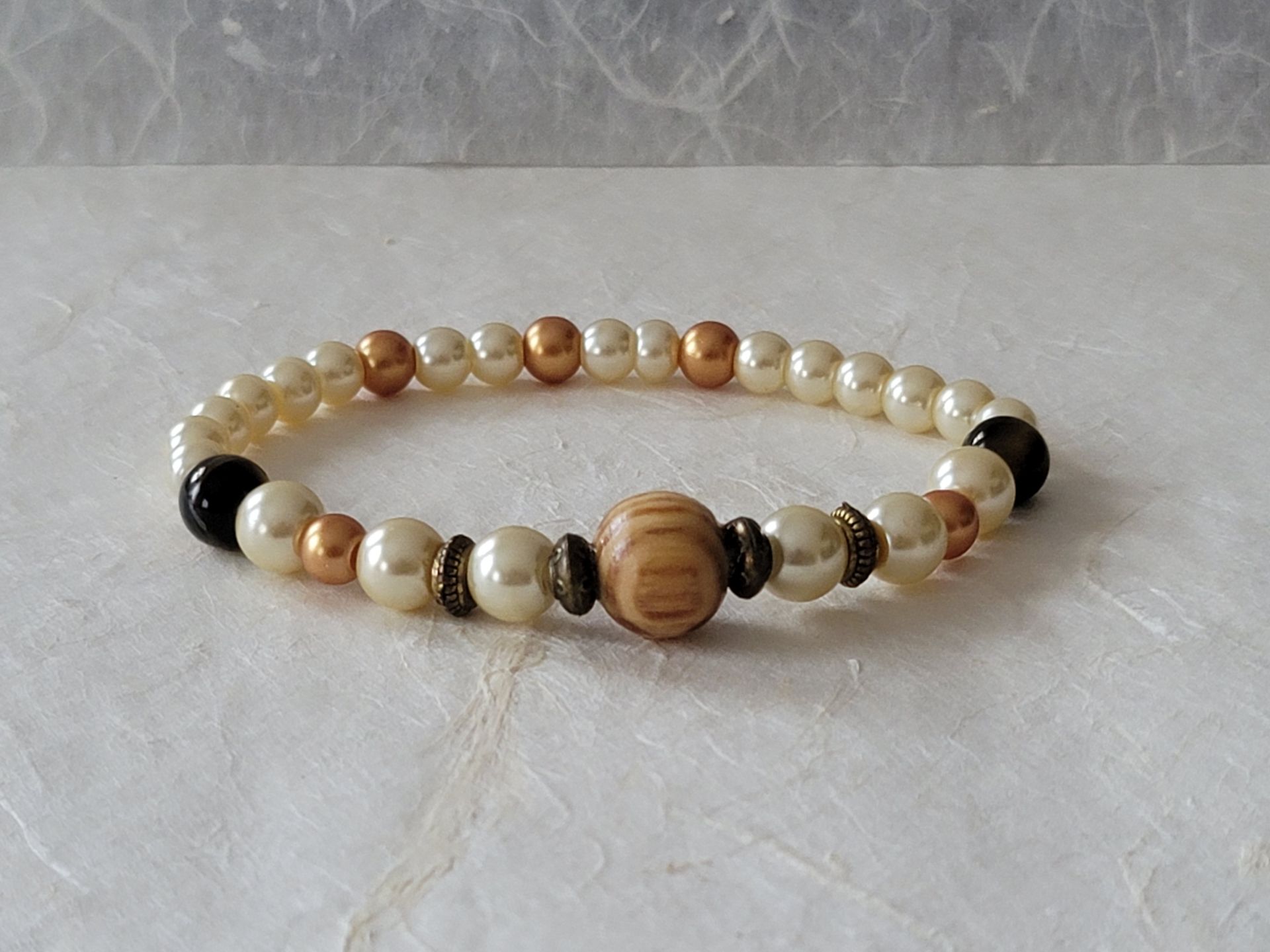 Simulated Pearl and Bamboo Wood Bracelet