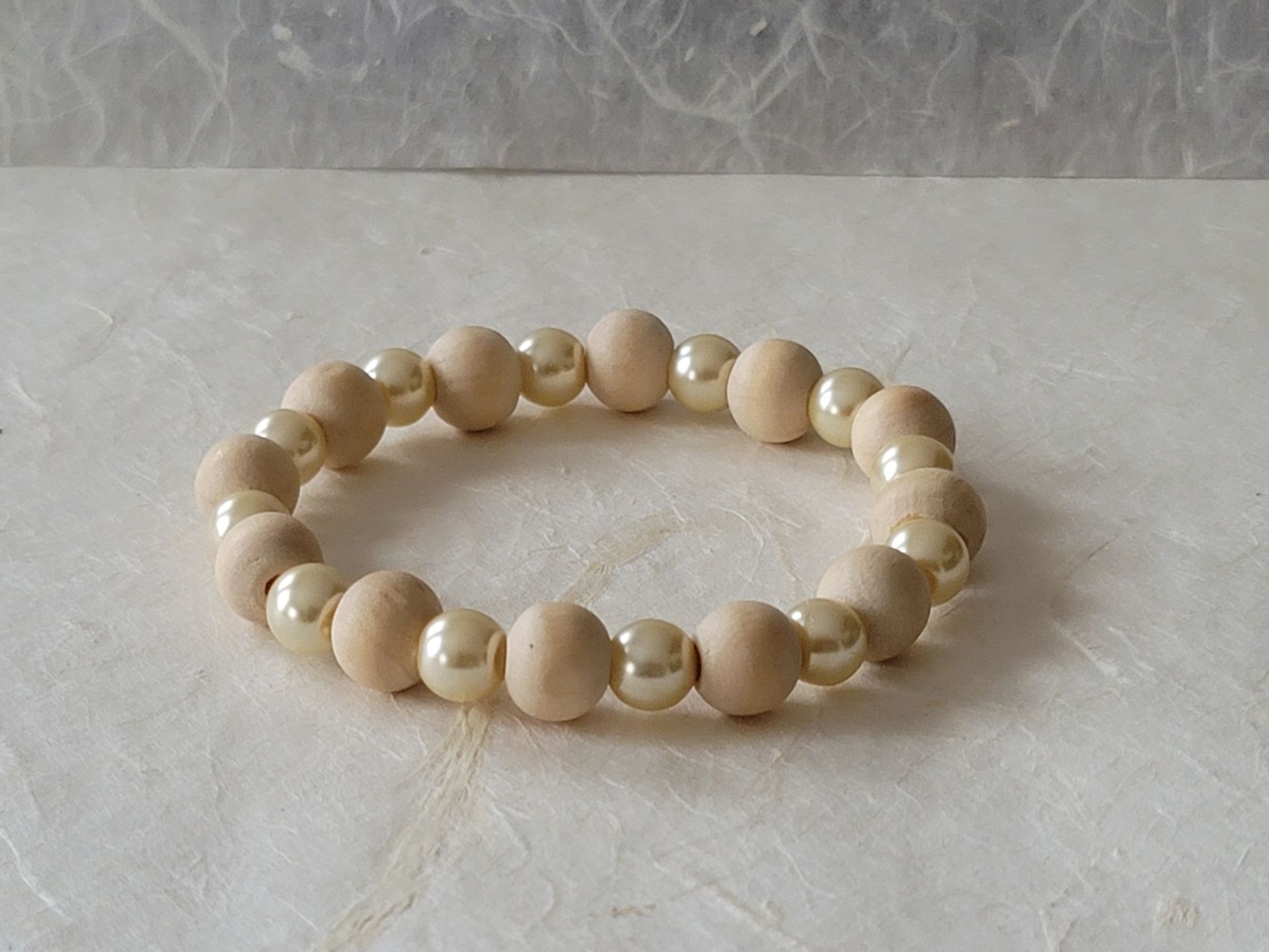 Bamboo Light Wood and Simulated Pearl Bracelet