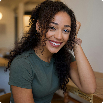 Smiling person with curly hair resting their head on a hand in a softly lit room