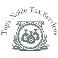 Logo for Top's Noble Tax Services: Money bag symbols inside a decorative frame with company text.