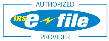 Authorized IRS e-file provider logo with blue text and yellow lightning bolt on a white background