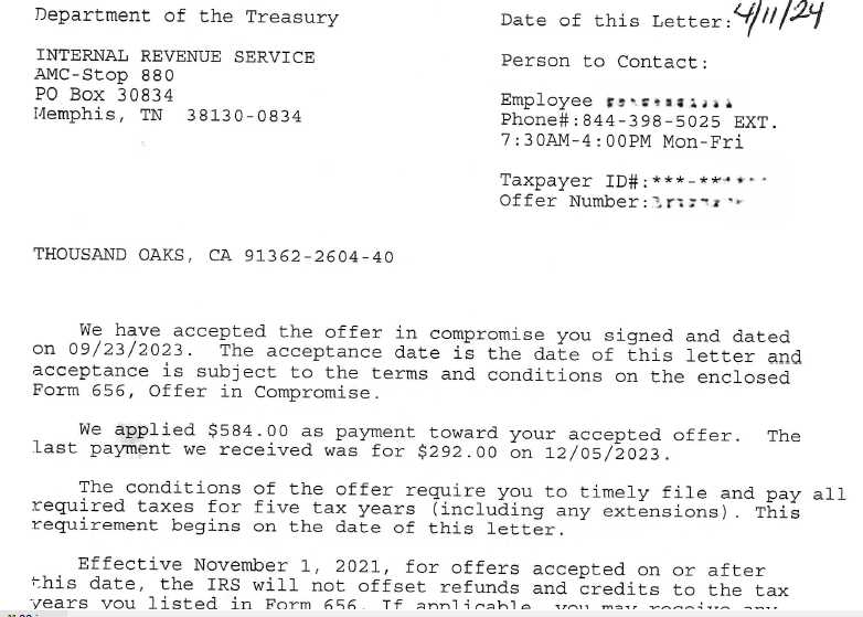 IRS letter about tax notice and offer in compromise deadline, black-and-white scanned document
