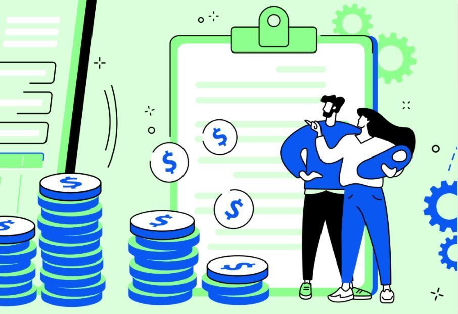 Stacked coins and a clipboard with two people, suggesting financial planning or savings.
