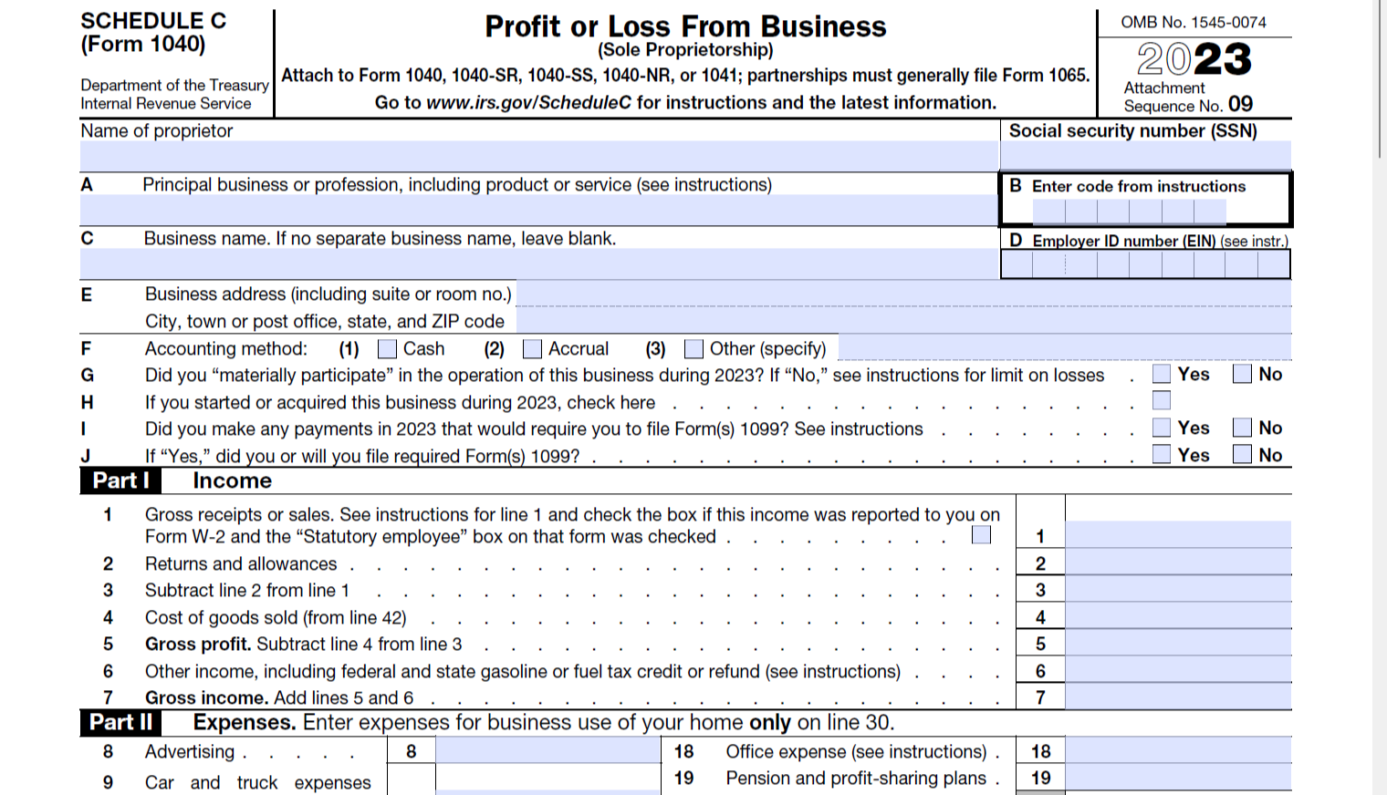 IRS Schedule C form: “Profit or Loss From Business” tax worksheet with blue sections and fields.