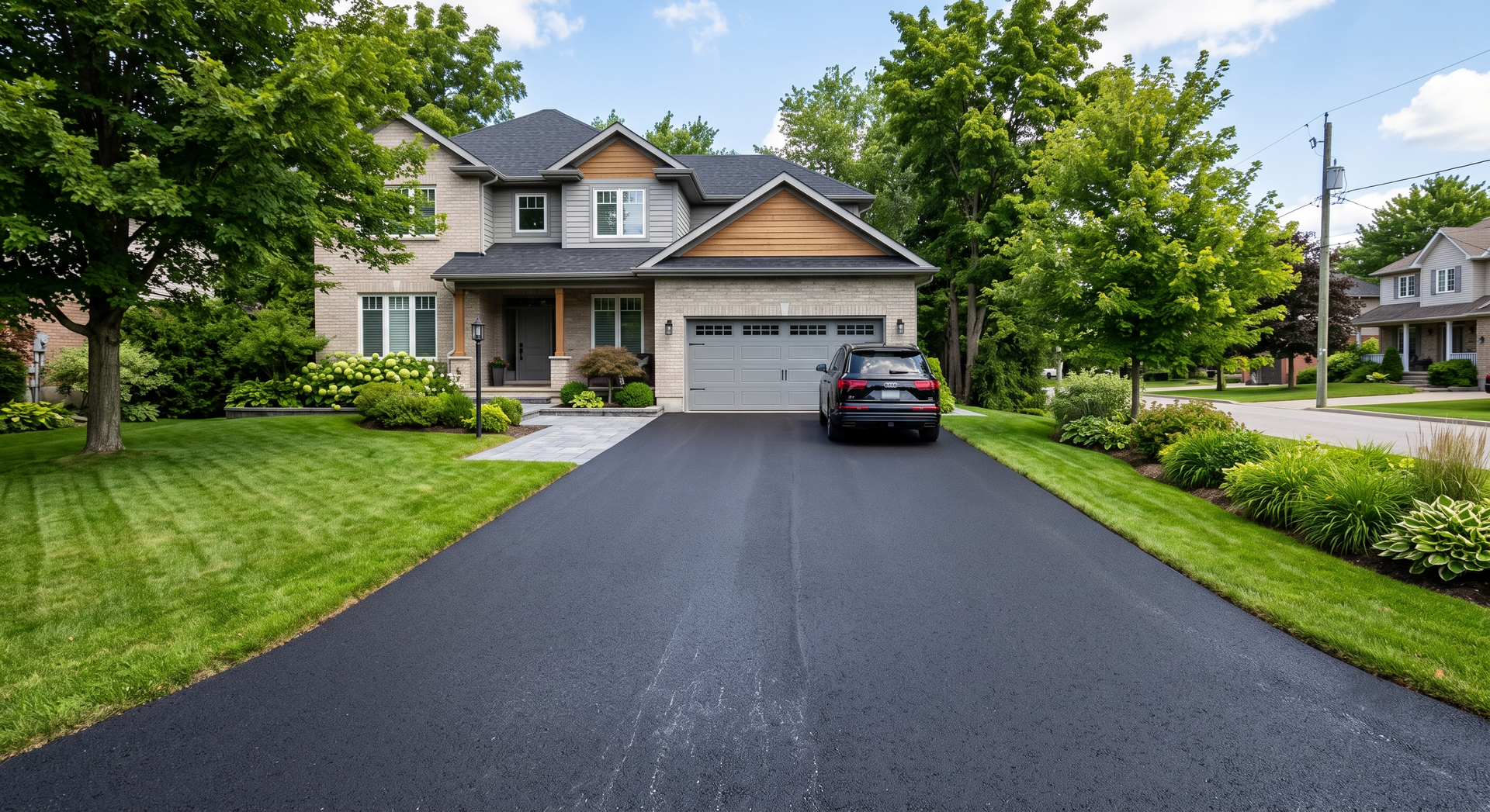 Suburban house with a long black driveway, a parked car, and green trees and lawn
