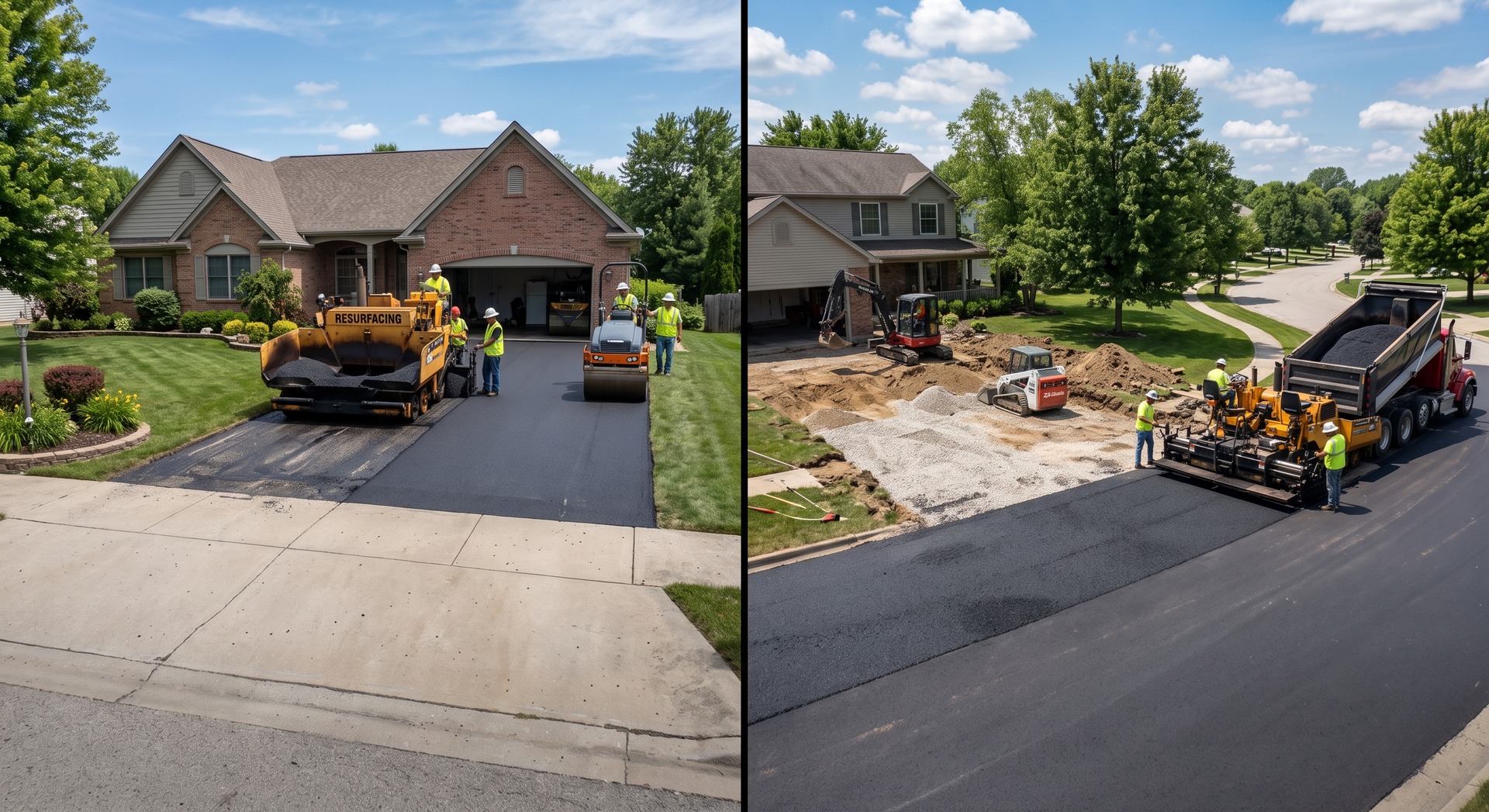 Two-panel view of a suburban driveway repaving project with paving machine, workers, and fresh black asphalt