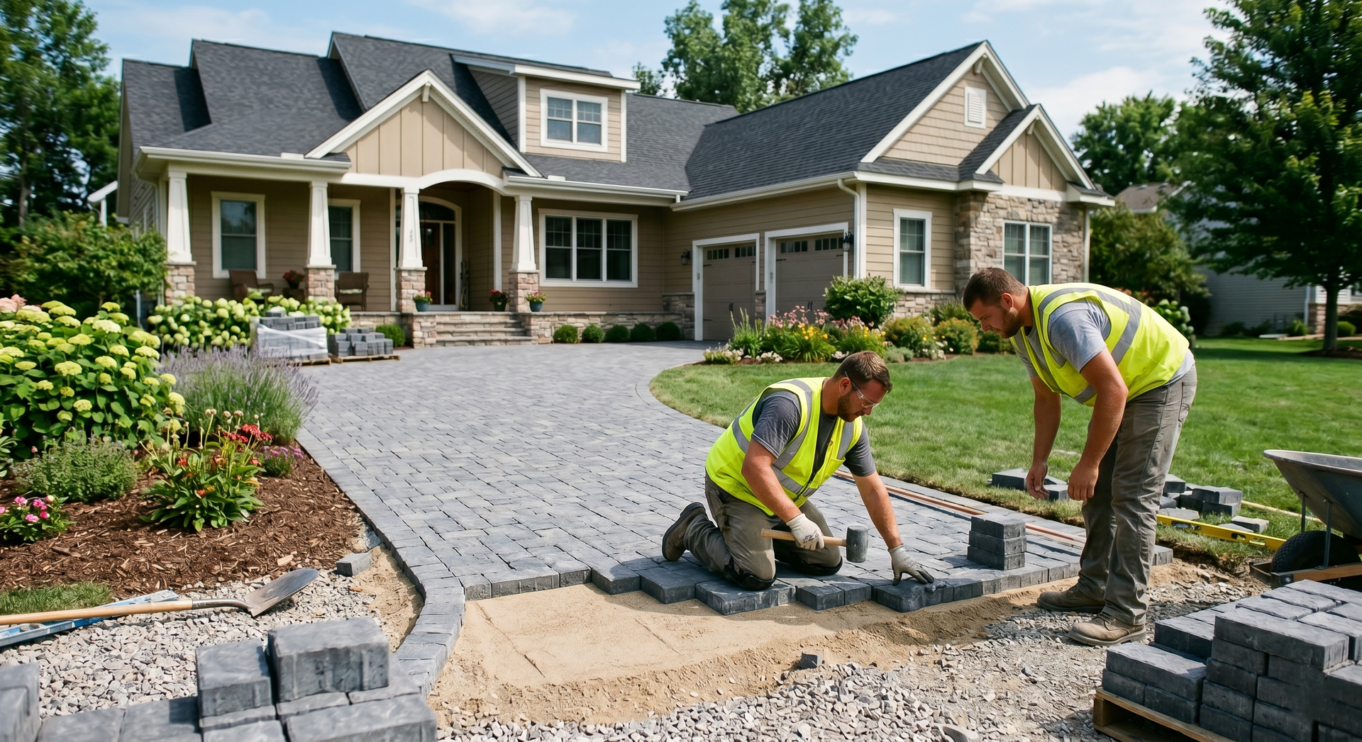 Two workers laying pavers in front of a house with a stone driveway and landscaped yard