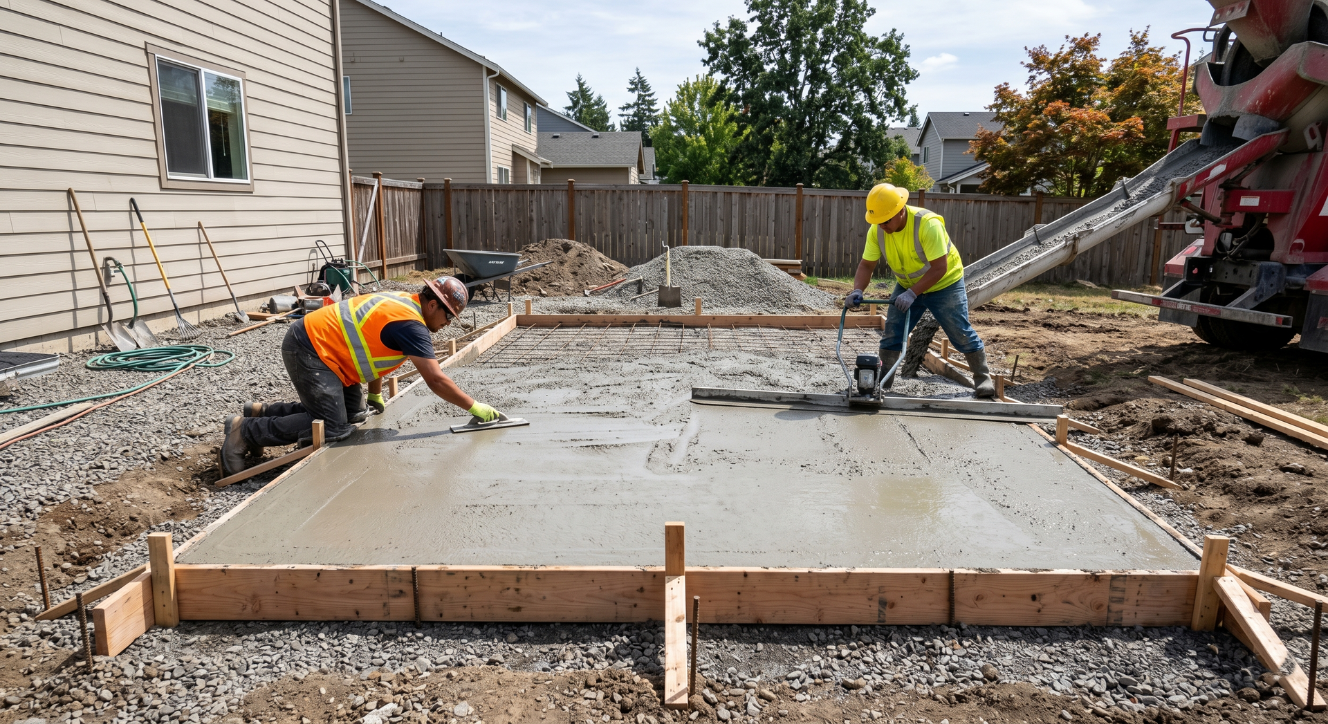 Construction workers are leveling the concrete foundation at a building site