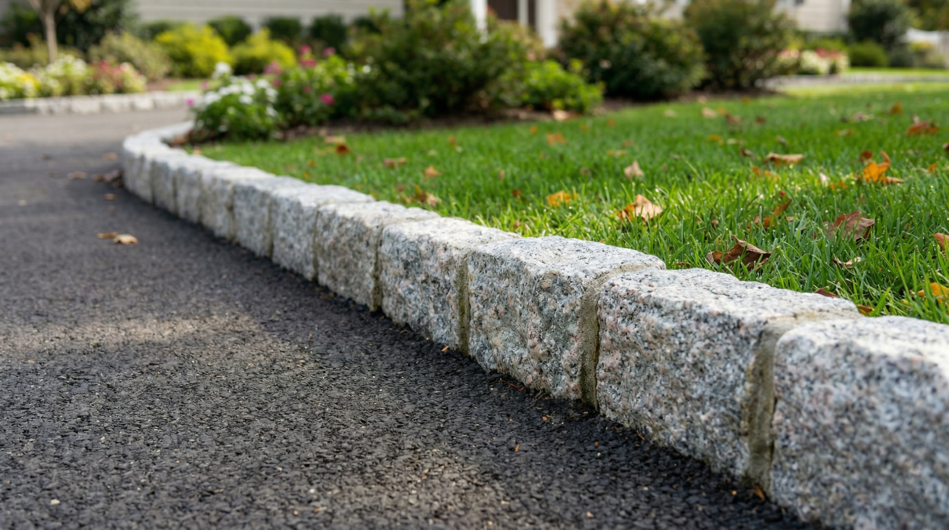 Granite cobblestone edging separates an asphalt driveway from a grassy lawn on a sunny day.