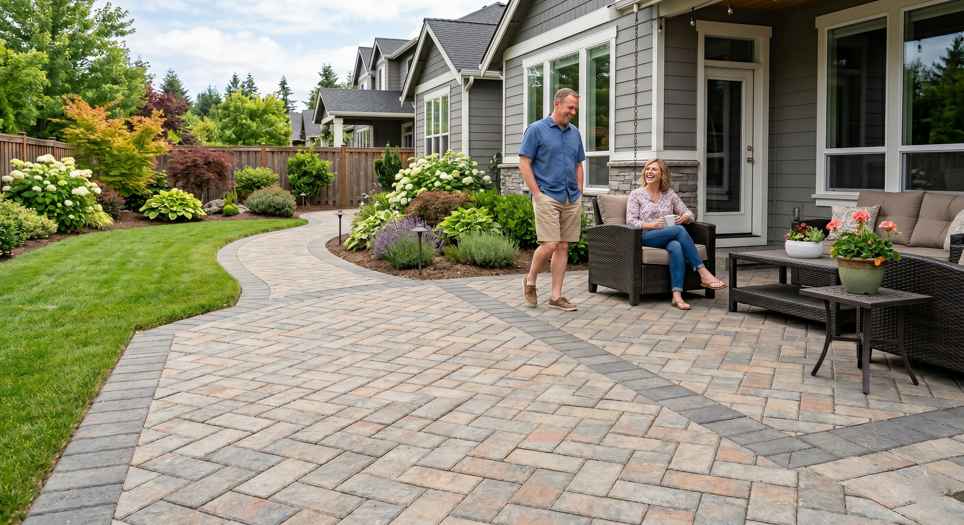 Two people on a patio beside a landscaped home with a curved paver walkway
