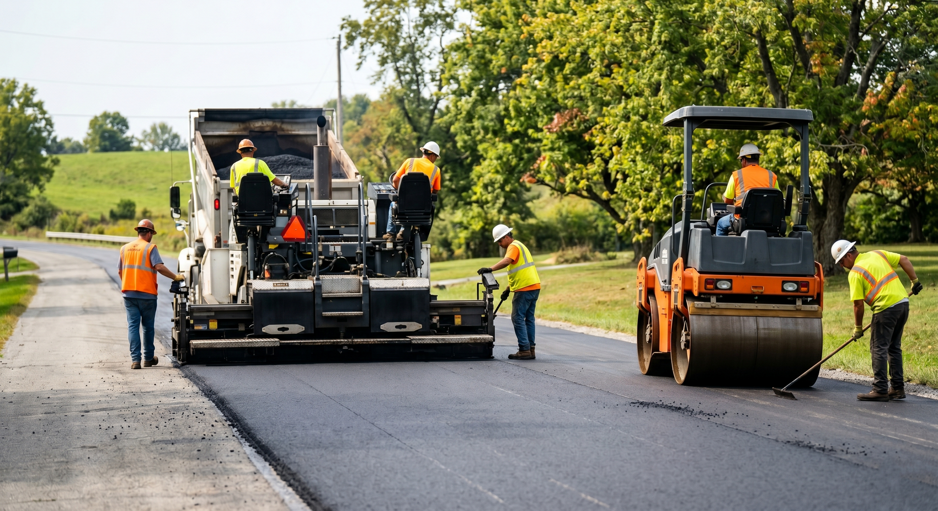 Road crew paving a highway with asphalt machines and workers in safety vests