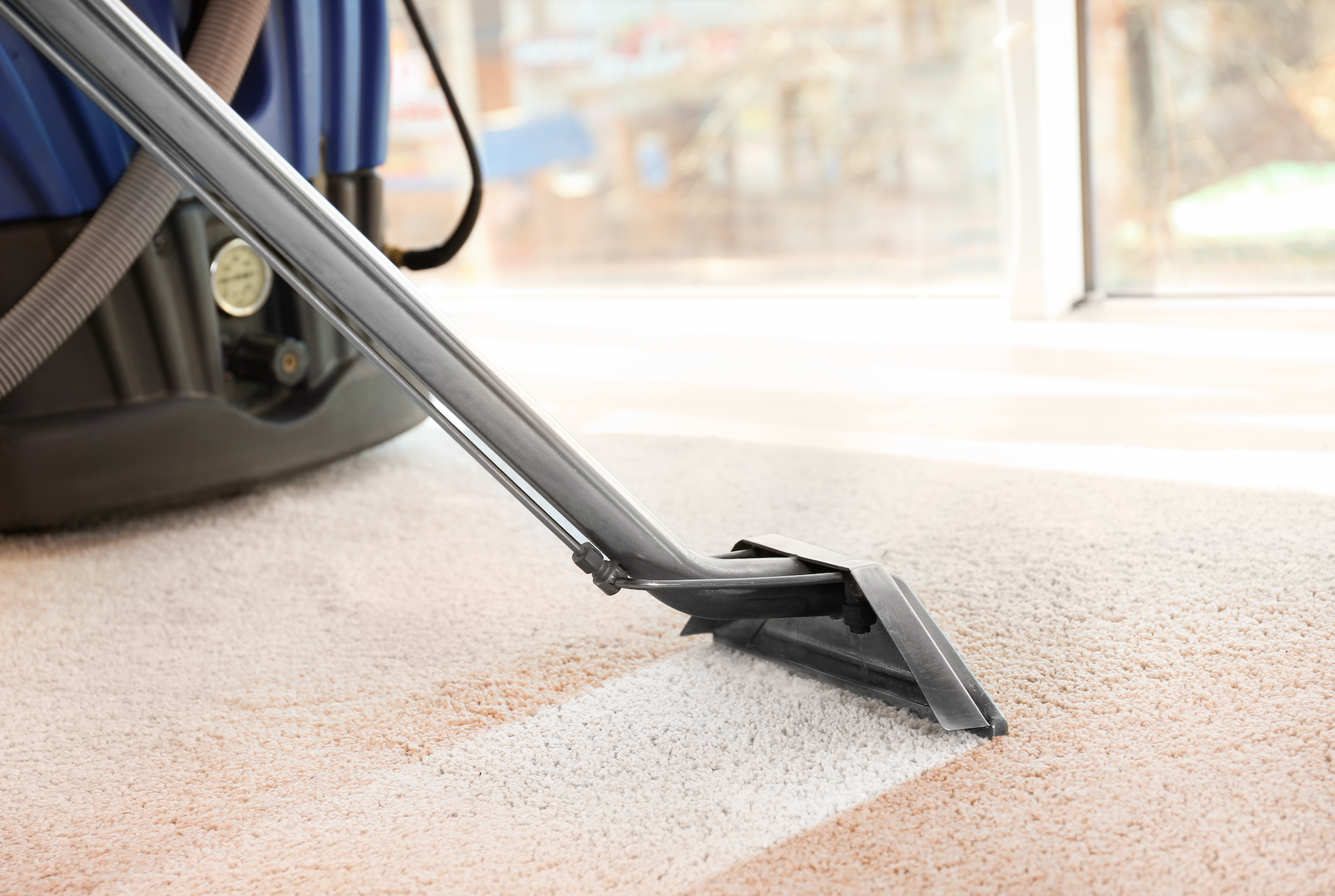 A vacuum cleaner is cleaning a carpet in a room.