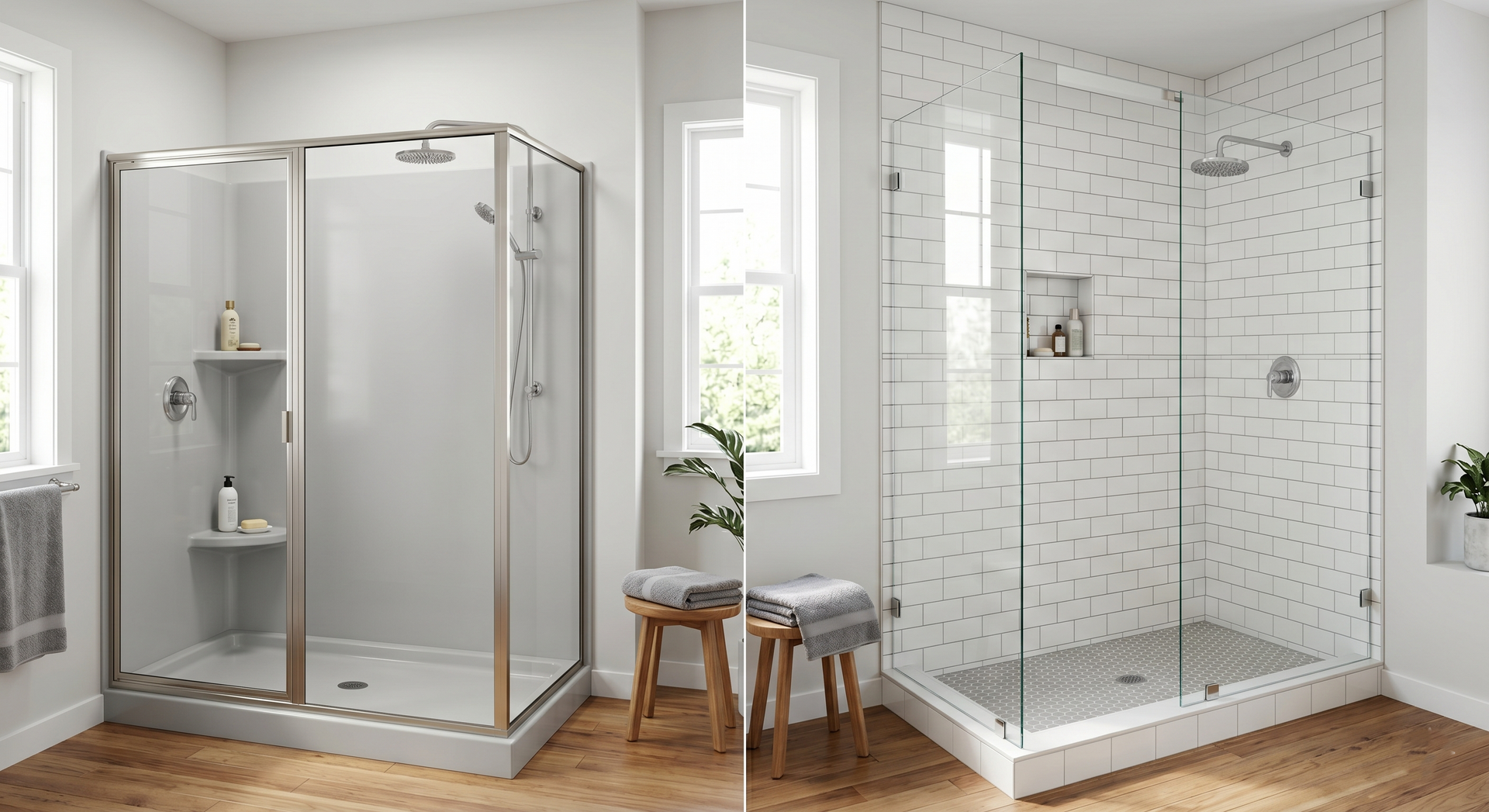 Tiled walk-in shower with glass enclosure, bench, and chrome showerhead by a window.
