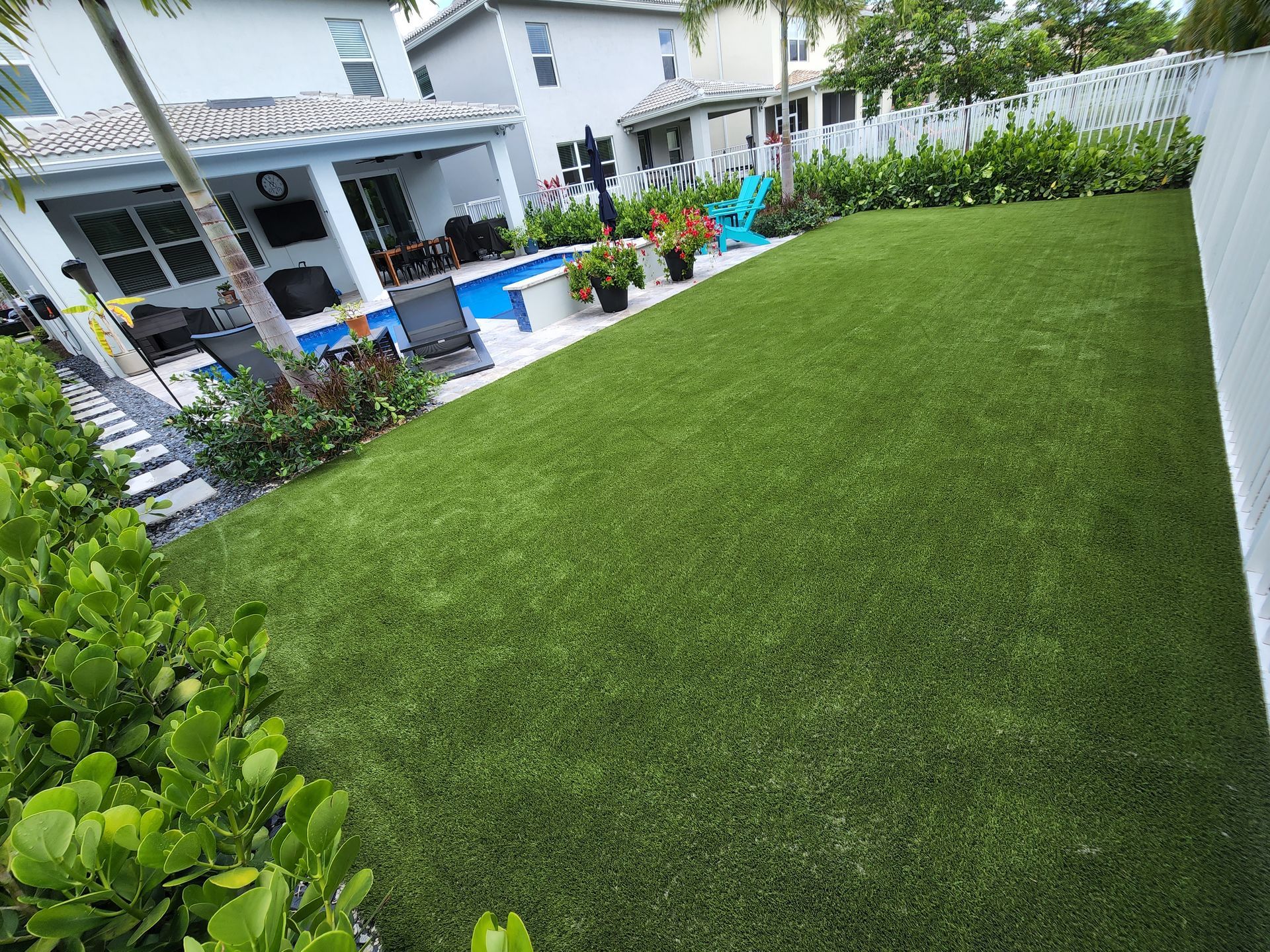 A backyard with a swimming pool and a lush green lawn.