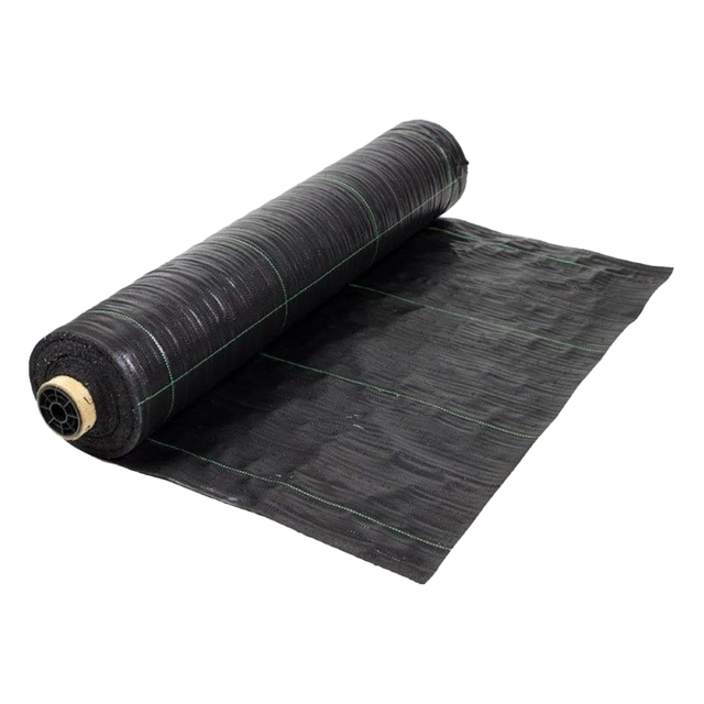 A roll of black weed barrier on a white background