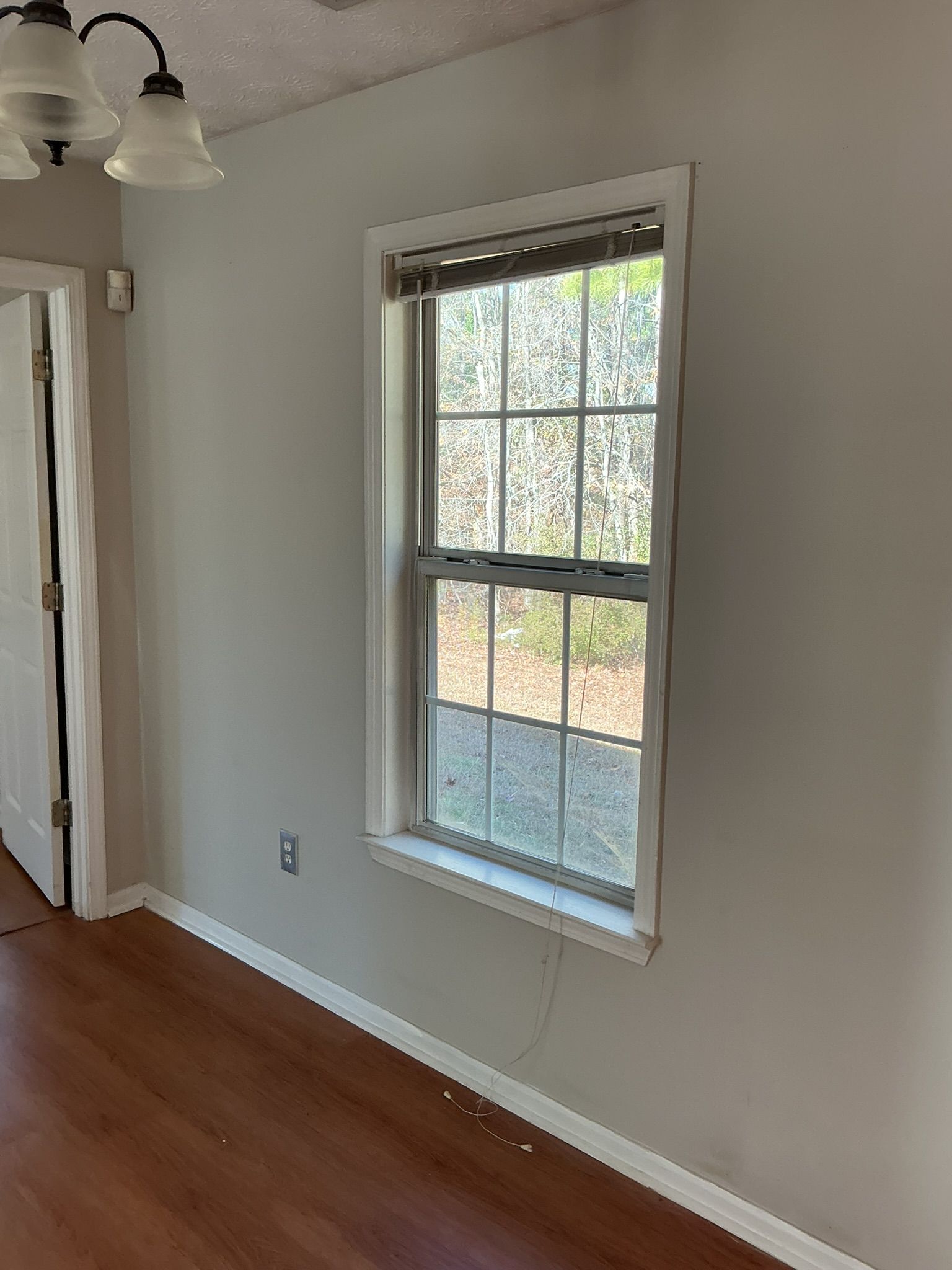 Empty room with hardwood floor, white walls, and a single window with blinds and daylight outside