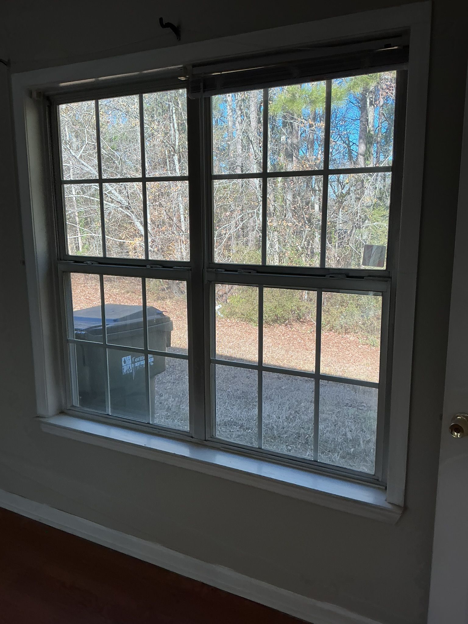 Interior window with white grid panes overlooking a backyard and black grill outside