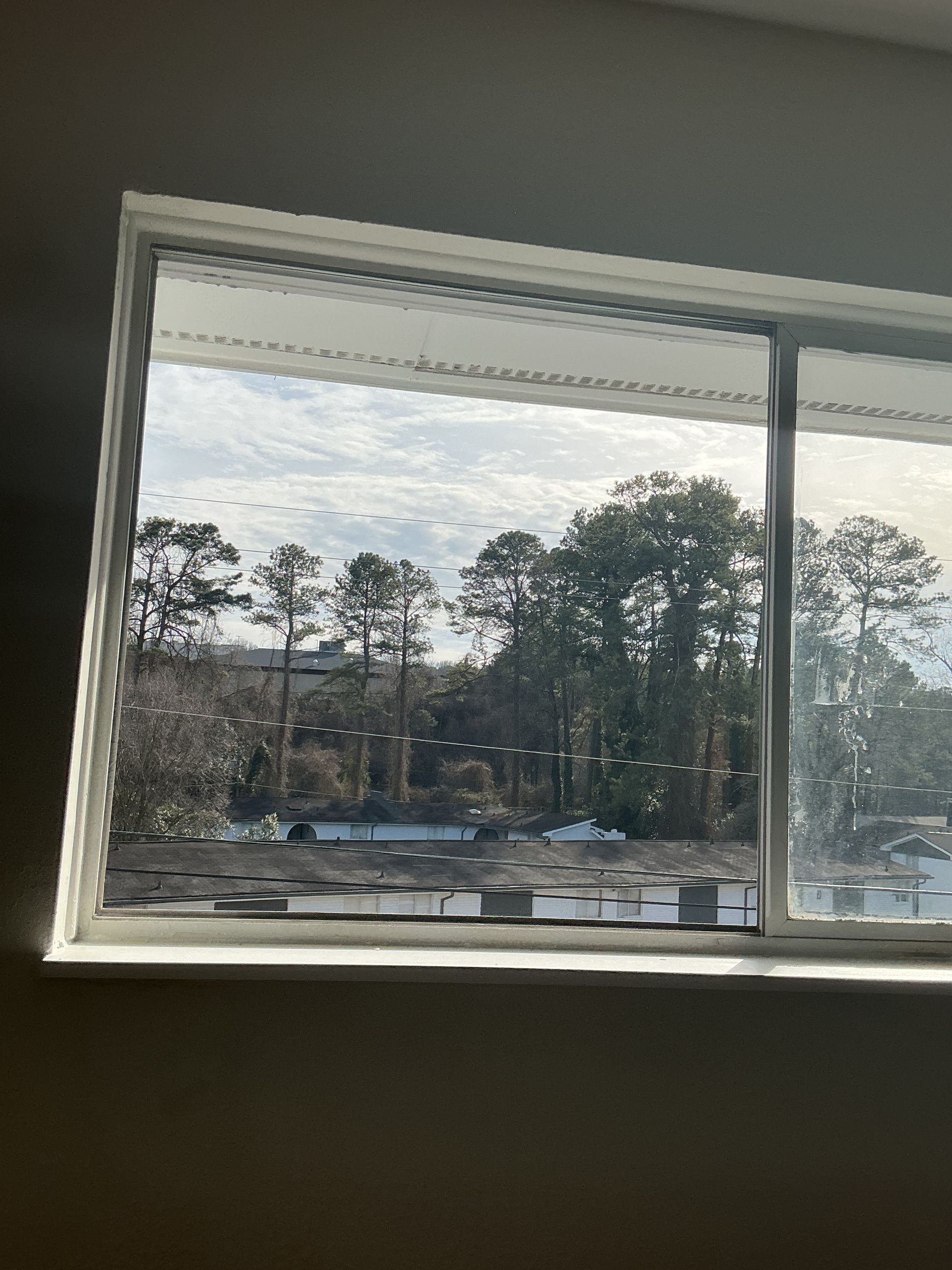 View through a window of trees and a cloudy sky over a parking lot