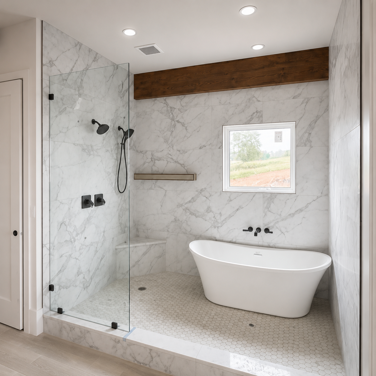 Bright marble bathroom with glass shower, freestanding tub, and small window.