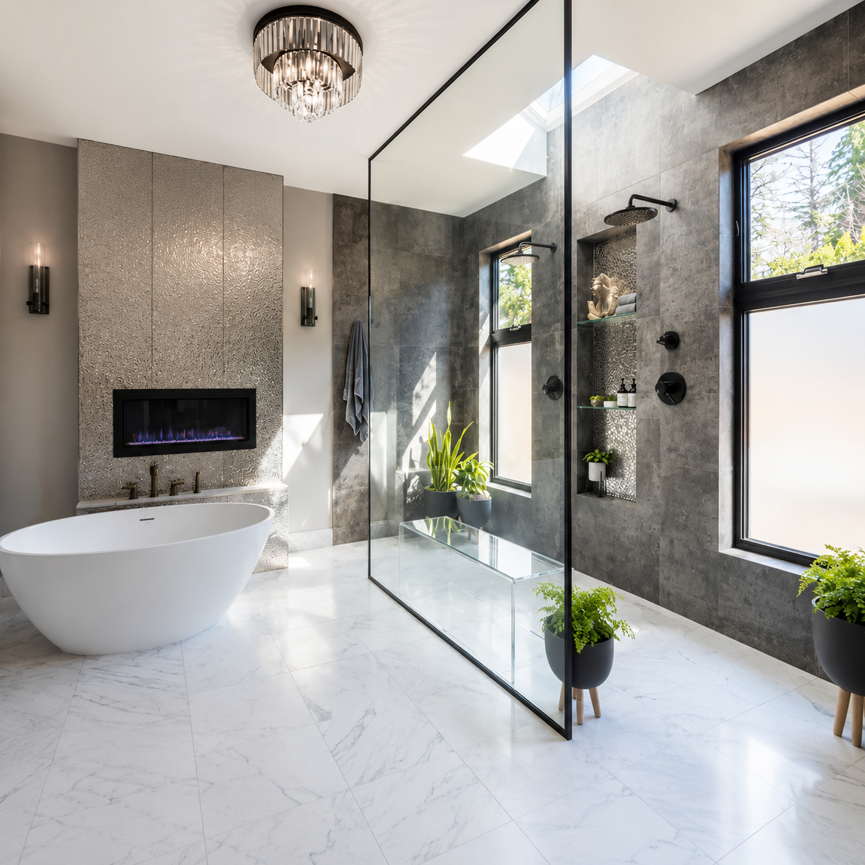 Glass walk-in shower with marble walls, brass fixtures, and a bench in a bright bathroom