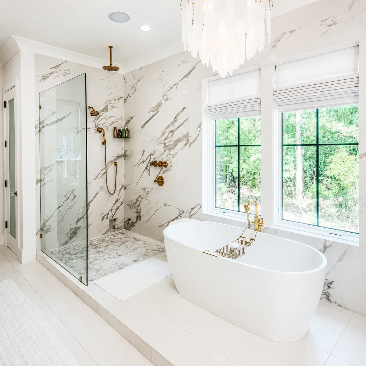 Bright marble bathroom with glass shower, freestanding tub, and large window