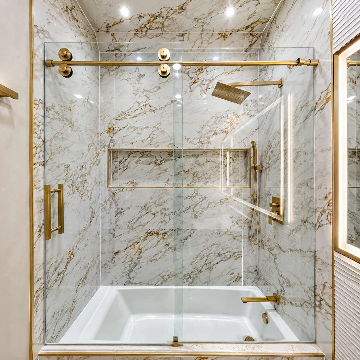 Glass walk-in shower with marble walls, brass fixtures, and a bench in a bright bathroom