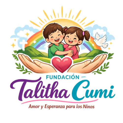 Logo de Fundación Talitha Cumi con niños abrazados, manos sosteniendo un corazón y arcoíris