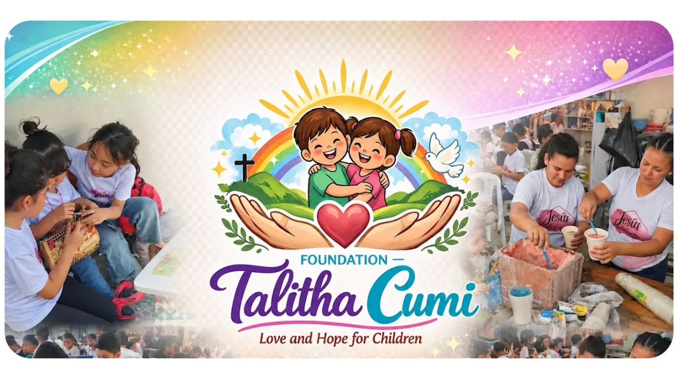 Talitha Cumi foundation banner with children, heart, rainbow, and the text “Love and Hope for Children”