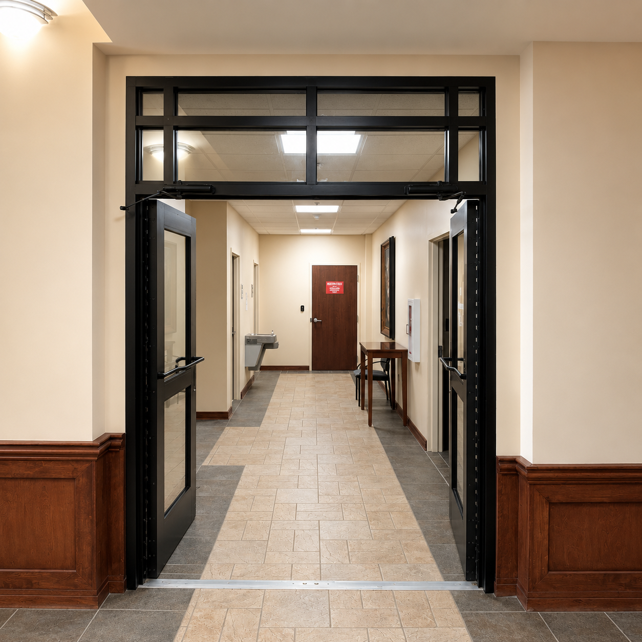 Open double doors to a beige hallway with wood paneling and a brown door at the end.