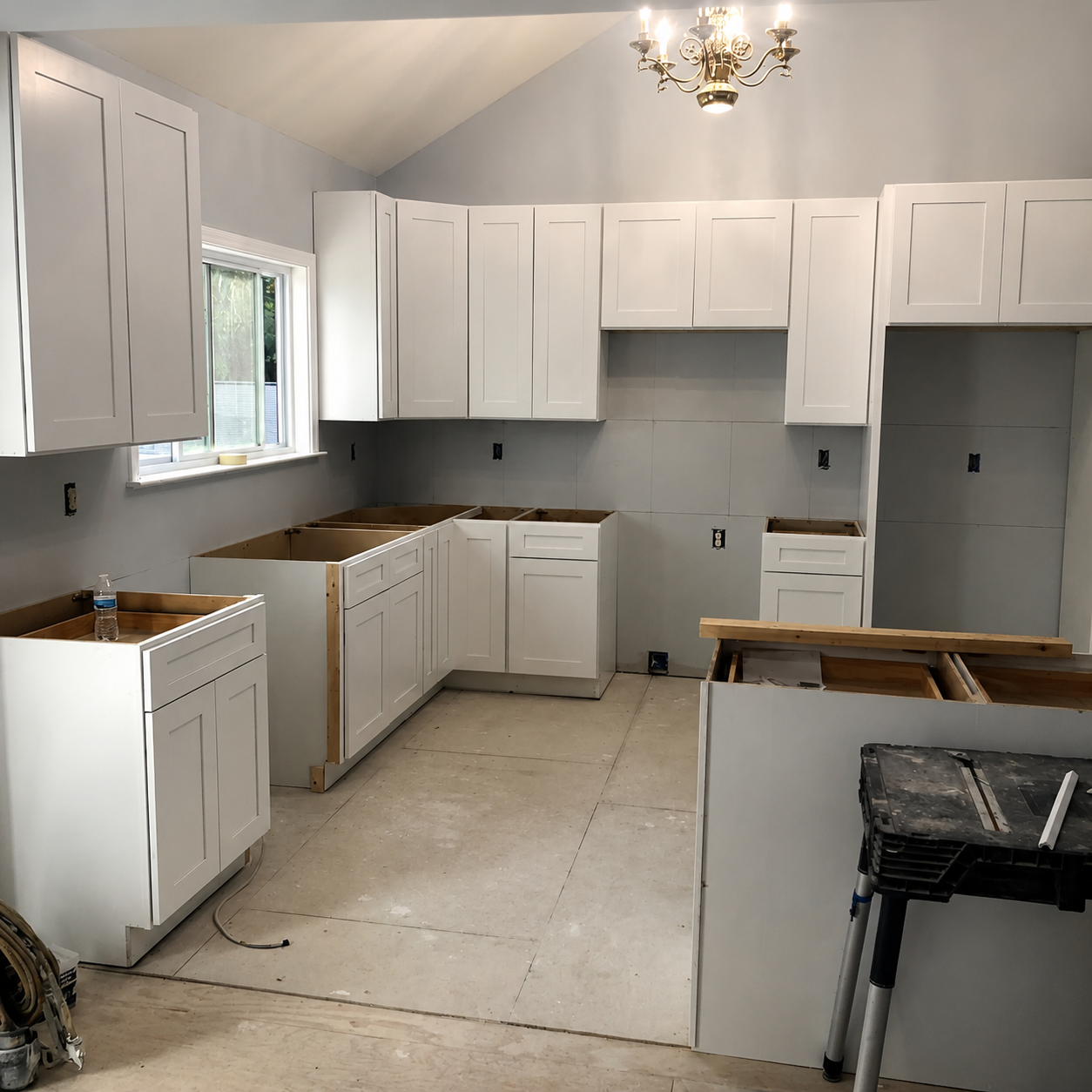 Partially renovated kitchen with white cabinets, unfinished countertops, and a ceiling light fixture