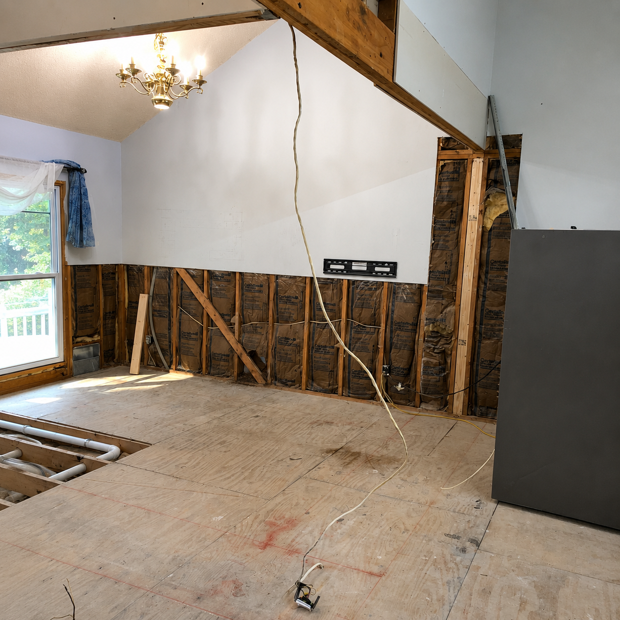 Interior room under renovation with exposed framing, stripped walls, and a window letting in daylight