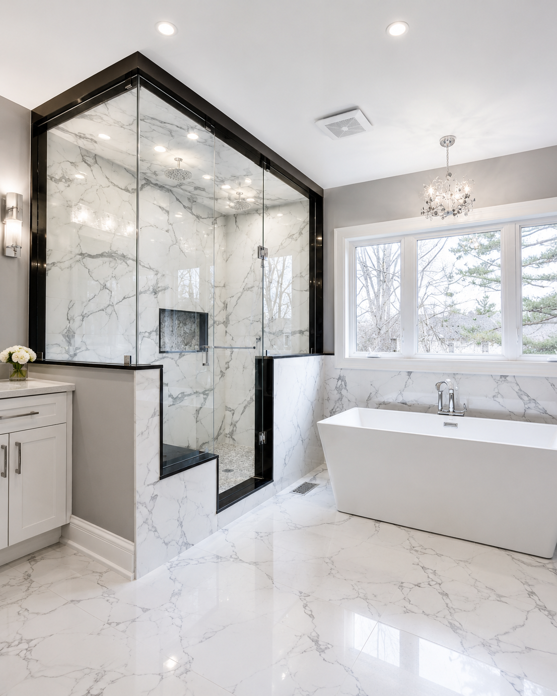 Bright marble bathroom with glass shower, freestanding tub, and large window