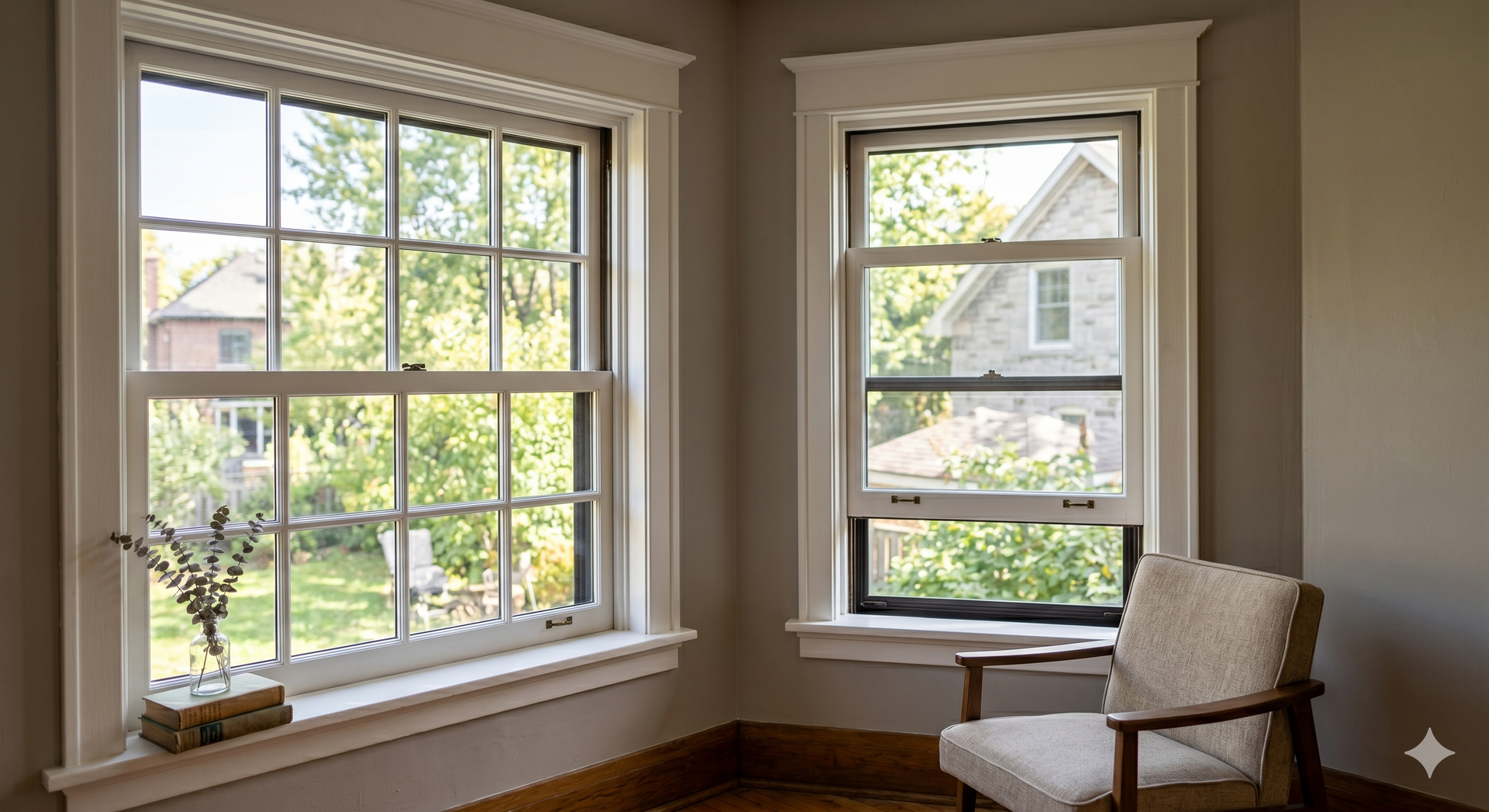 Bright room with two white-trimmed windows and a chair in the corner, overlooking trees and houses outside