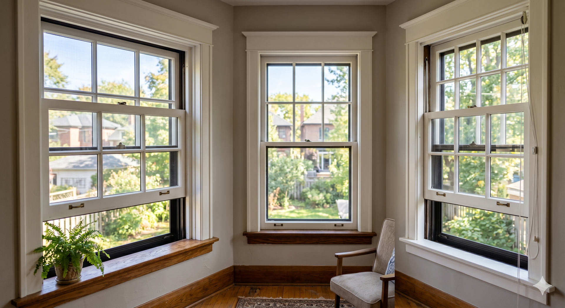 Bright bay window nook with white trim, potted plant, and cushioned chair overlooking a leafy street.