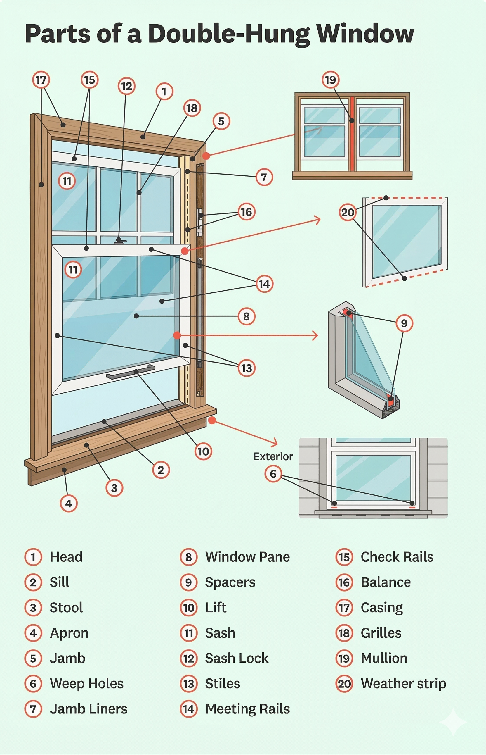 Annotated diagram of a double-hung window, labeling its parts and operation.