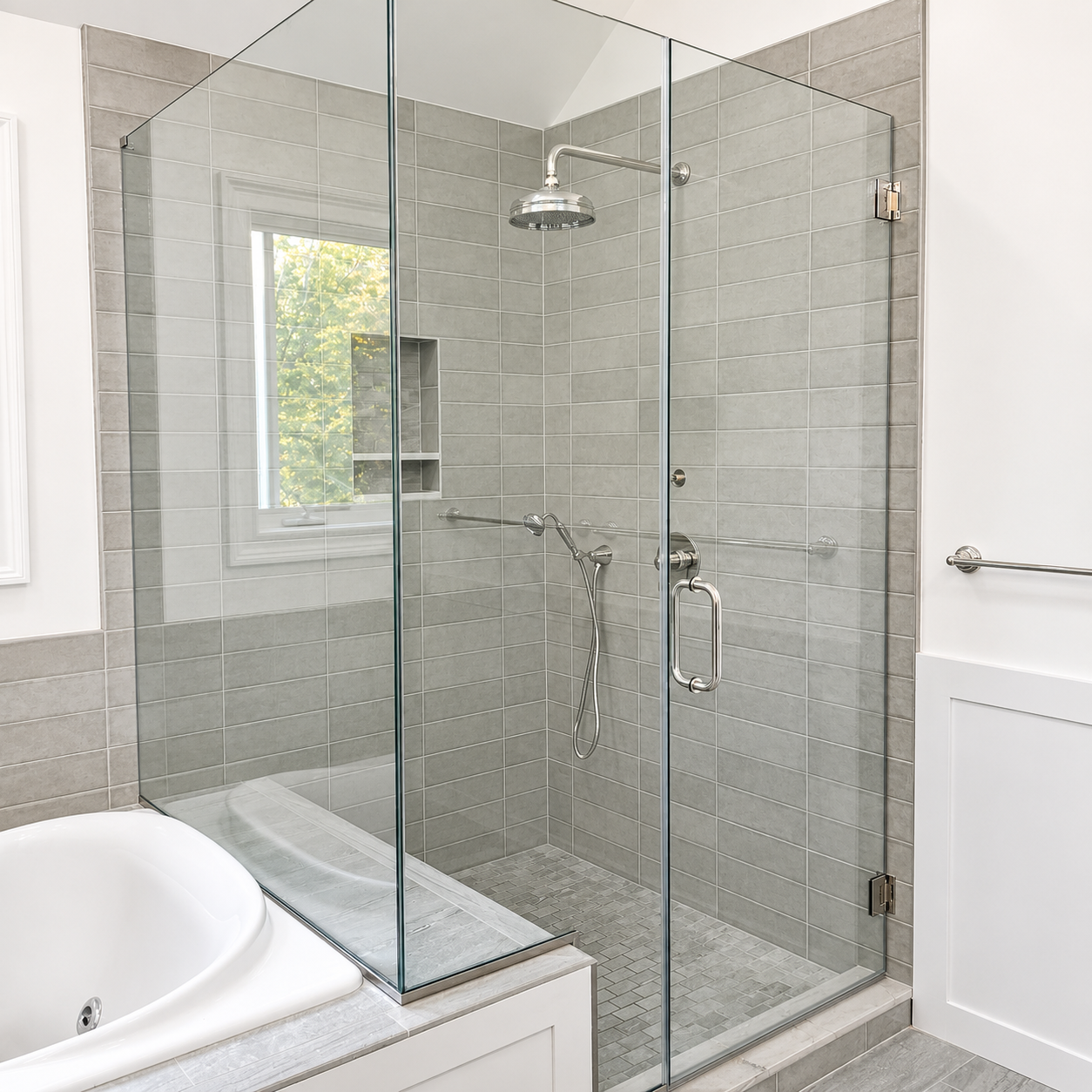 Glass-enclosed walk-in shower with gray tile and a white bathtub in a bright bathroom