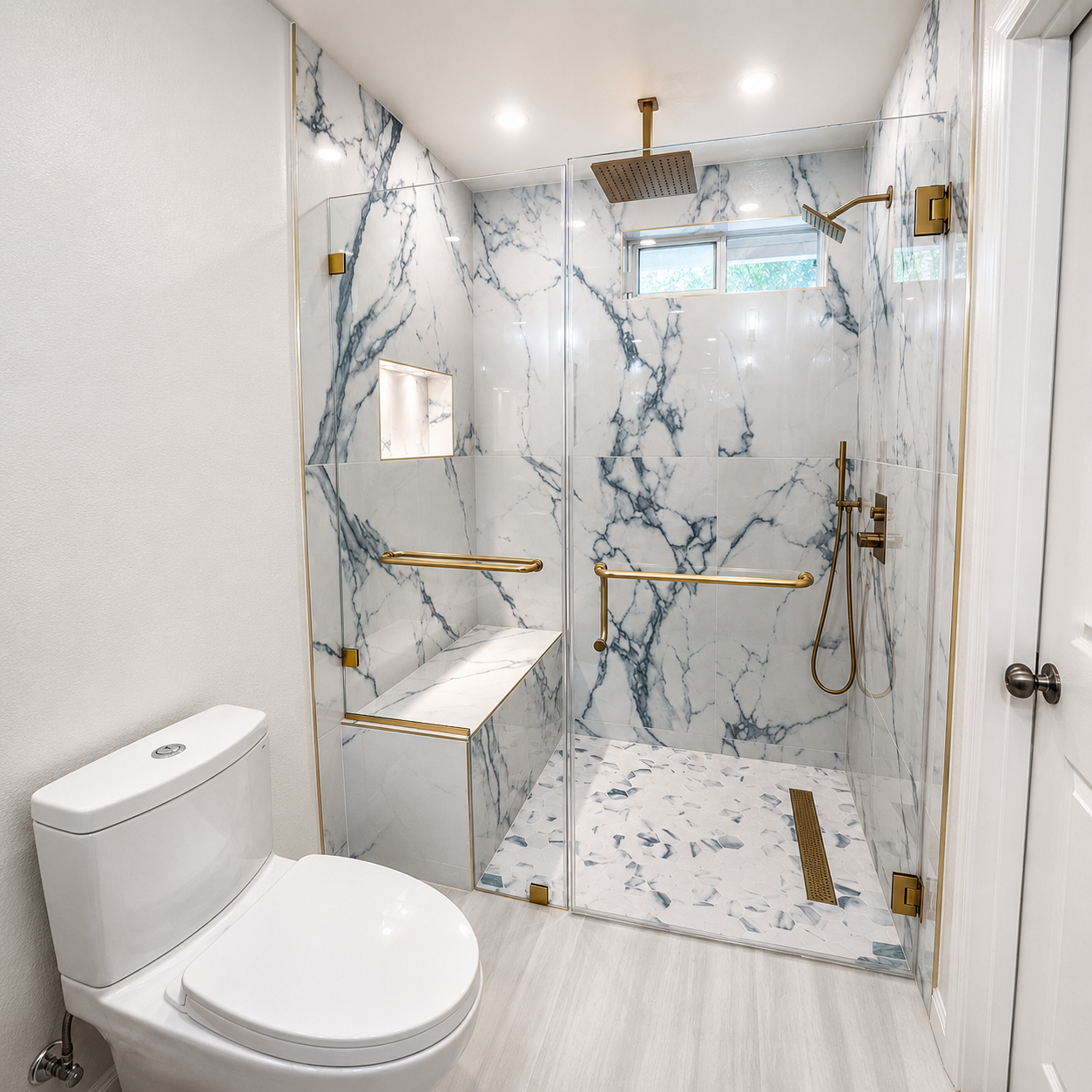 Small modern bathroom with white marble-look tile shower, toilet, glass door, and gold fixtures