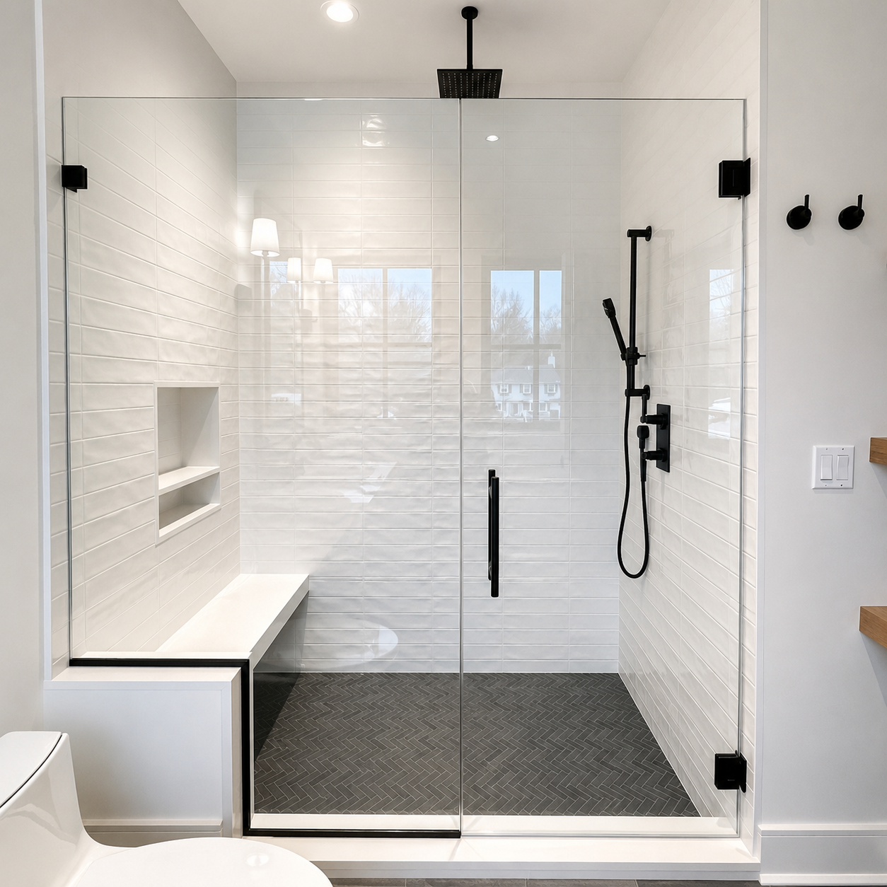 Modern shower with glass doors, white tiled walls, built-in bench, and black fixtures.
