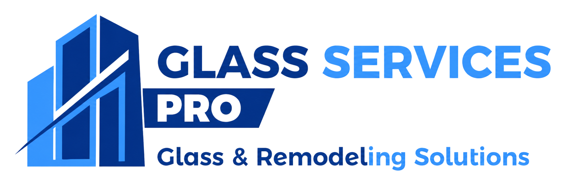 Blue building logo with “Glass Services Pro” and the tagline “Glass & Remodeling Solutions”