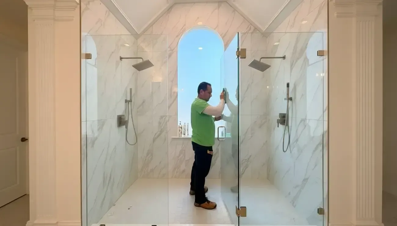 Person standing in a marble shower room, looking out a window, with glass doors and showerheads on both sides.
