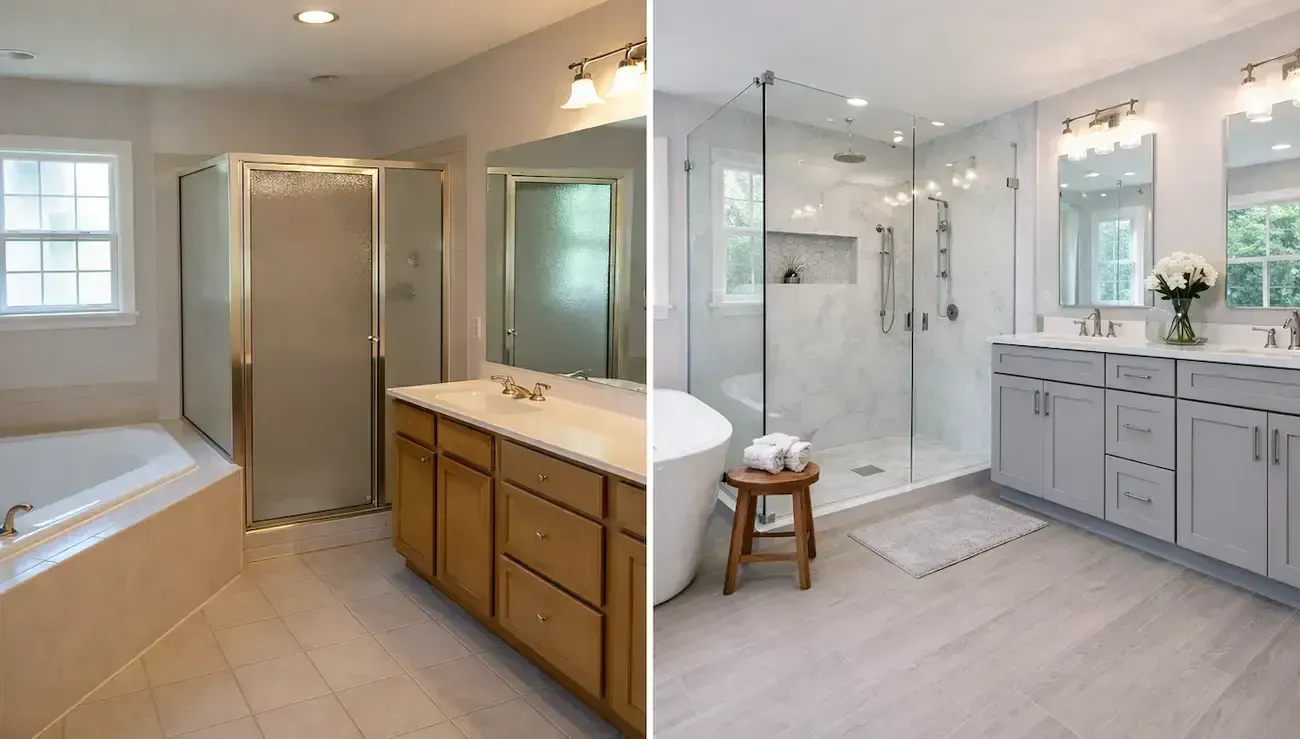 Bright bathroom with soaking tub, glass shower, white tile, and double vanity with gray cabinets