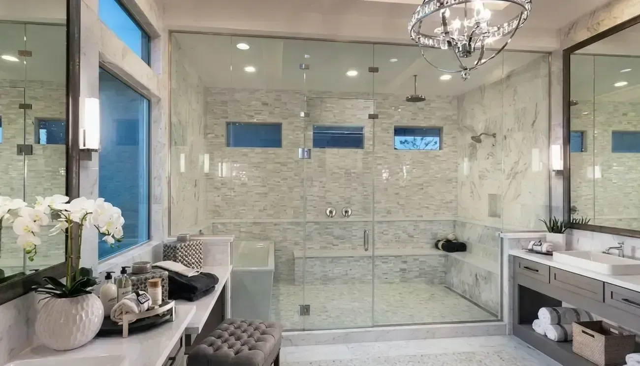 Luxurious marble bathroom with glass shower, chandelier, vanity, and floral decor
